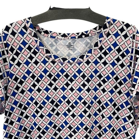 T by Talbots Womens Geometric Short Sleeve Stretch T-Shirt Blue Pink Size 2XP - Picture 2 of 7